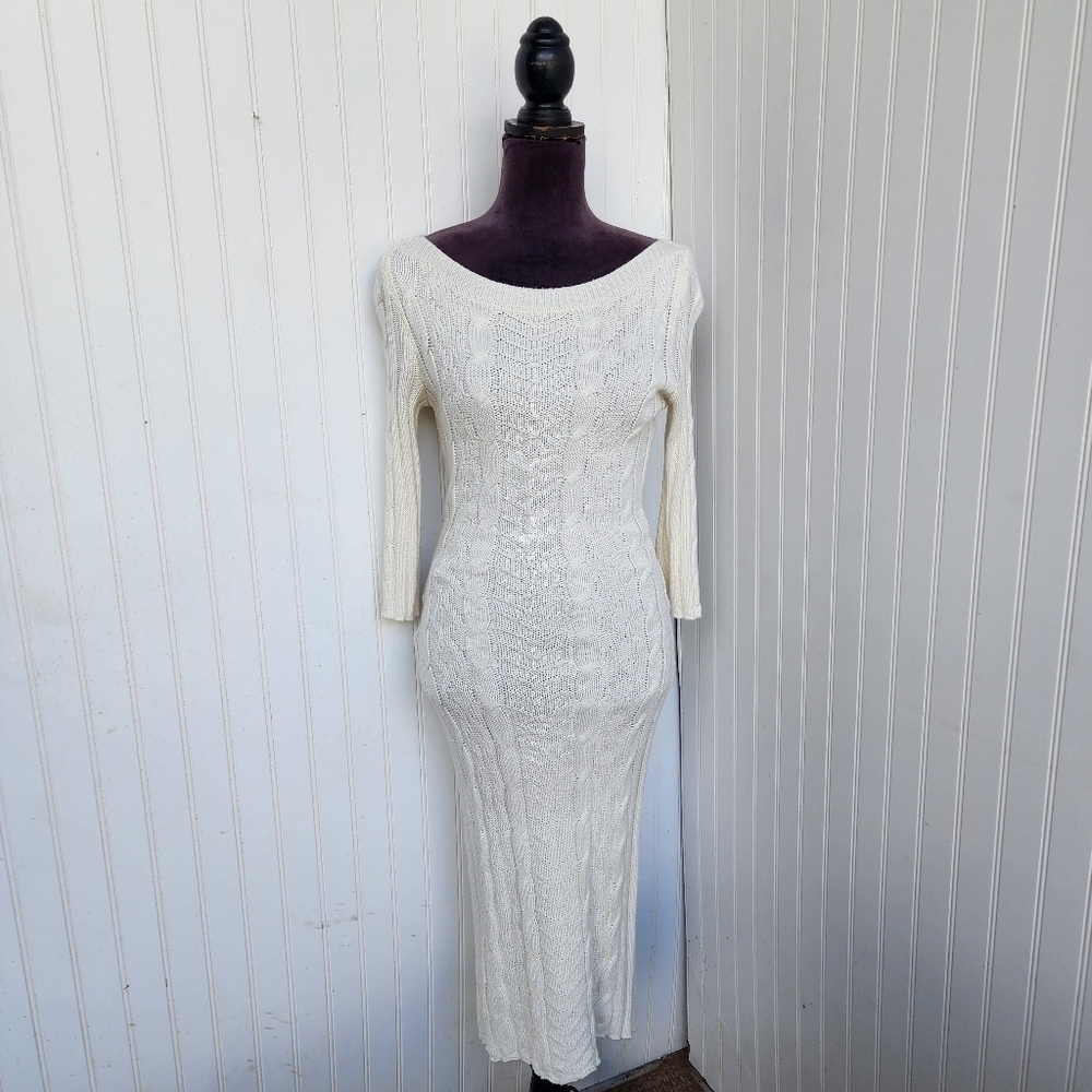 Eva Mendes Women's Sweater Dress Cable Knit Slim Fit 3/4 Sleeves Ivory